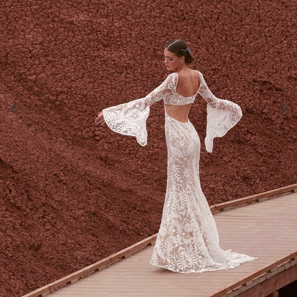 BHLDN White Lace Bell-Sleeve Open-Back Wedding Dress
